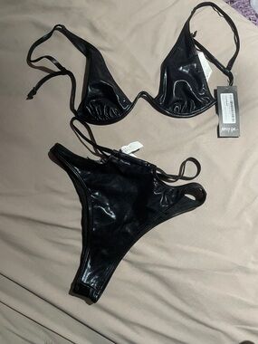 Nasty Gal Black Shiny Triangle Bikini Set